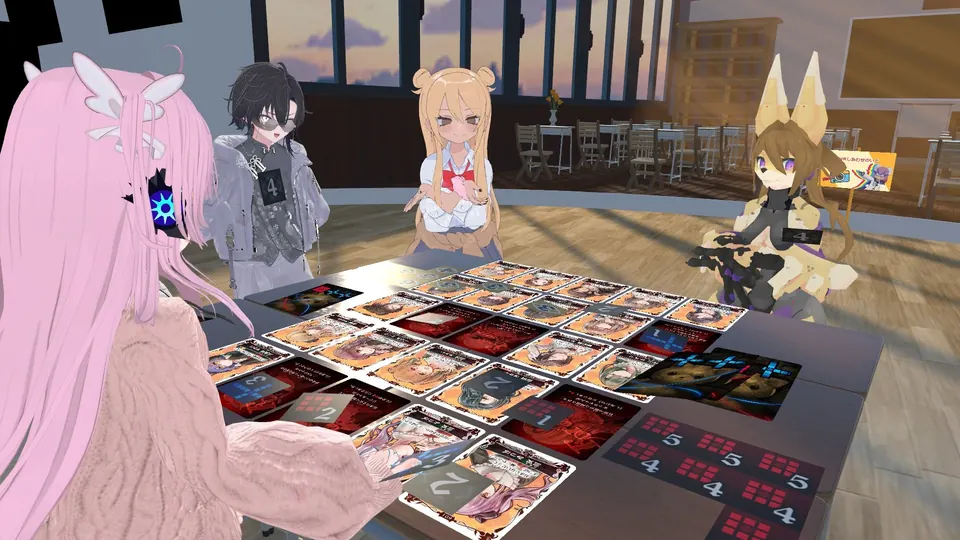 CatsUdon カードゲームシステムで、VRChat の卓にカードを並べて遊ぶ様子
